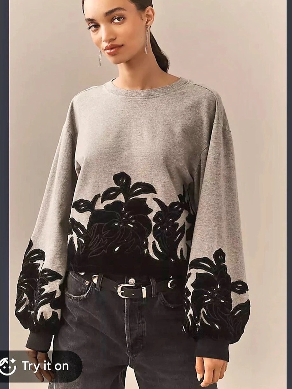 Anthropologie Floral Appliqué Sweatshirt in Gray & Black Size XL NWT